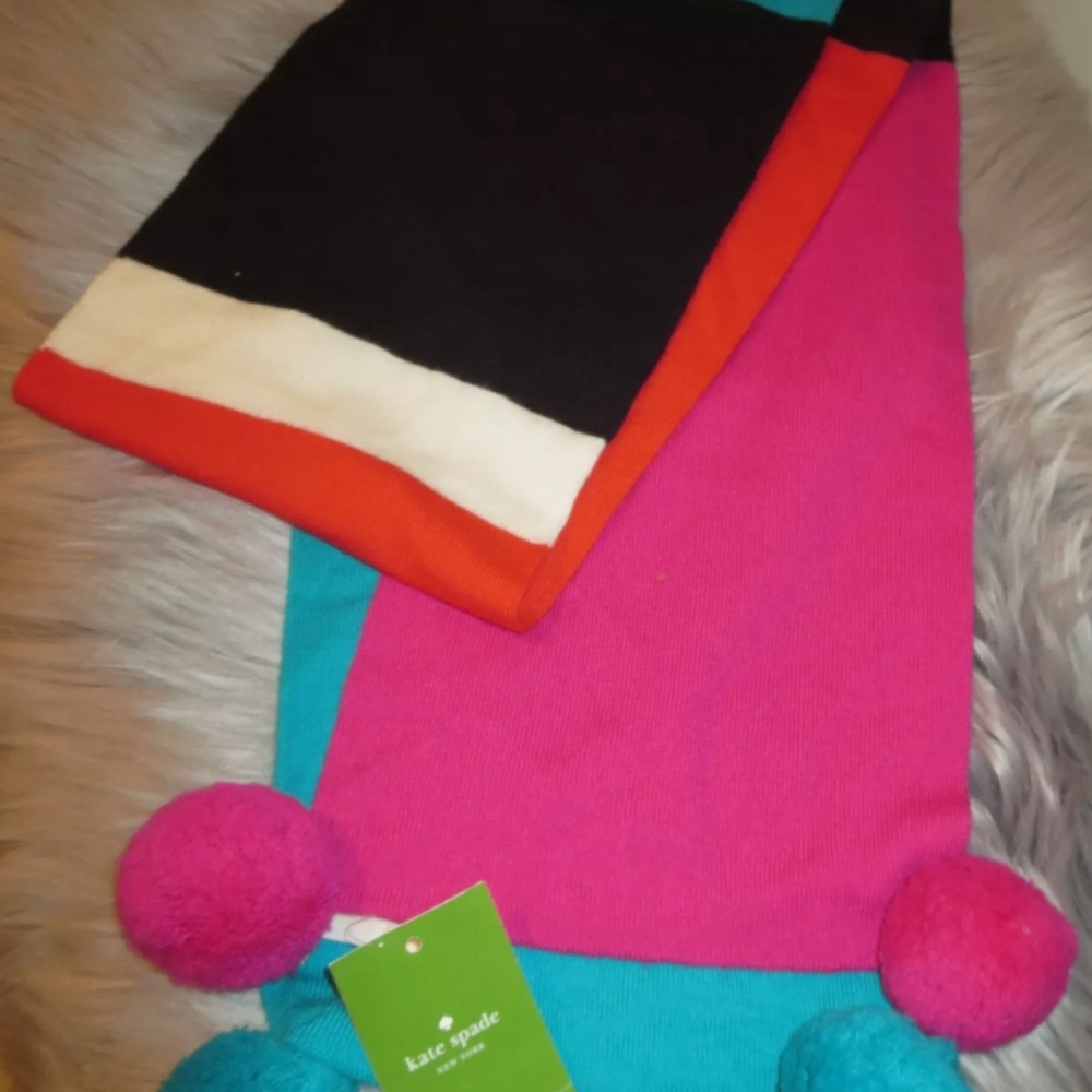 KATE SPADE Multi Stripe Pom Pom Scarf NWOT